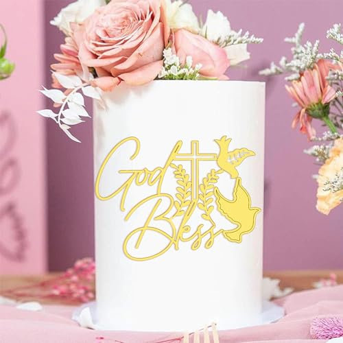 NATOSU Tortendeko Kreuz Gold Acryl Tortendeko God Bless Tortenaufsatz Spiegel Tortendeko Set für Taufe Hochzeit Geburtstag Babyparty Kommunion