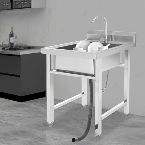 Lavabo industriel en acier inoxydable, évier encastrable, robinet chaud/froid, lavabo simple, lavabo à main, en acier inoxydable, 93 x 60 x 60 cm