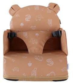NOUKIE'S - Rehausseur caramel Bébé de 9 mois à 3 ans Chaise Enfant avec Dossier et Coussin- Léger, Pliable et Nomade - Harnais, Sécurité - Imperméable, Déhoussable et Lavable - Max 13 kg - Voyage