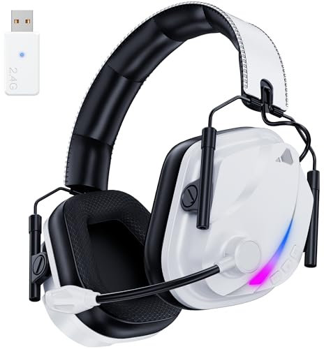 Vakedy HW12 Wireless Gaming Headset with Mic 2.4GHz Bluetooth Gaming Headphones Wireless of Duty/FPS Gamers,50Hr Battery Life Gamer Headset for PS5, PS4, PC, Switch, Mac,Low Latency,Lightweigh(White)