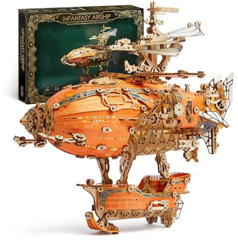FUNPOLA LED 3D Holzpuzzle fur Erwachsene Luftschiffmodell - Steampunk DIY Bastelset mit LED-Leuchten - Holz Luftschiffmodell-Bausatz für und Erwachsene (Orange)