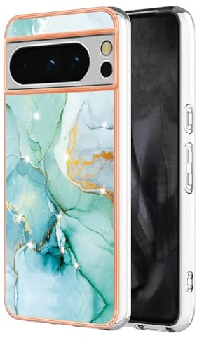 JYNCHDZ for Google Pixel 8 Pro Case Shockproof Google Pixel 8 Pro Phone Case Glitter Marble Flexible Silicone Bumper Slim Thin Gold Edges Shell Drop Protection Cover for Girls Women, Green