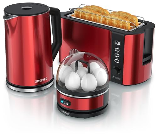 Arendo - Wasserkocher Toaster Eierkocher Set - Edelstahl Wasserkocher mit Temperatureinstellung - Toaster 4 Scheiben Langschlitz - Eierkocher 1-7 Eier - Küchenset in Rot