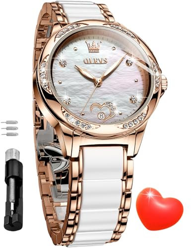 OLEVS Automatic Watch for Women Self Winding Mechanical Ladies Diamond Wrist Watch Luxury Dress Rose Gold Ceramic Watches for Women Love Heart Date