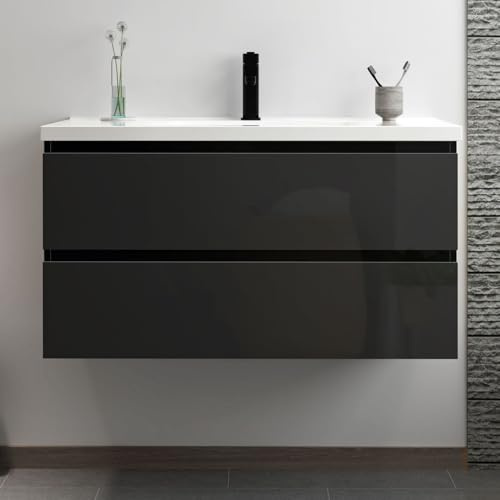 Acezanble Meuble Salle de Bain 100cm Noir Brillant avec 2 tiroirs à Fermeture Automatique et Simple lavabo céramique