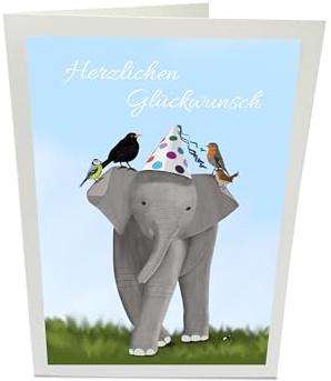 Geburtstagskarte Elefant mit Amsel Blaumeise Rotkehlchen Zaunkönig Herzlichen Glückwunsch Inklusive Umschlag