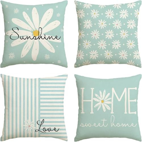 Hopomoon Juego de 4 fundas de almohada decorativas con diseño floral azul de 40 x 40 cm, con estampado de crisantemo y plantas para sofá, asiento de coche, decoración del hogar de primavera-verano