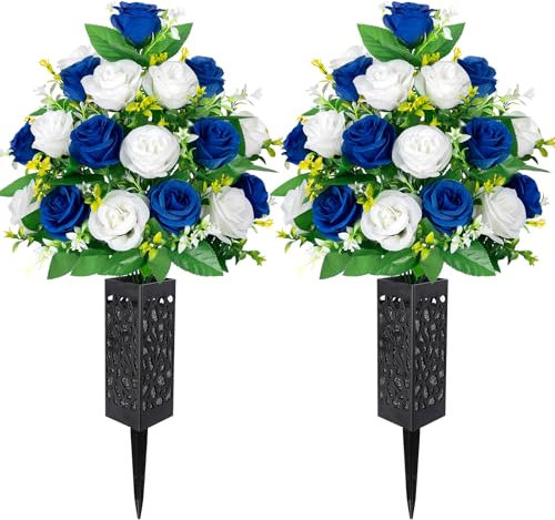 Raxfekro 2 Mazzi di Fiori Artificiali da Cimitero con Vaso, Bouquet di Rose Artificiali per la Decorazione Della Tomba del Cimitero Blu & bianco (2, Blu + bianco)