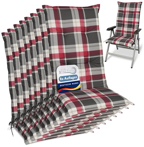Beautissu 8er Set Hochlehner Auflagen für Gartenstühle Polster UV-Lichtecht | 120x50cm 6cm dicke Polsterauflage Bordeaux Kariert bequem rutschfest Stuhlkissen Sitzauflage Stuhlauflagen Garten Sunny RK