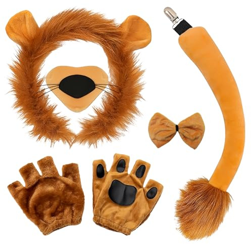 Orizizhic 5 Stück Löwen Kostüm Set for Erwachsener, Enthalten Plüsch Löwenohr Stirnband Handschuhe Schwanz Nase Fliege für Karneval Kostüm Tierisches Thema Weltbuchtag Party Halloween Damen Herren