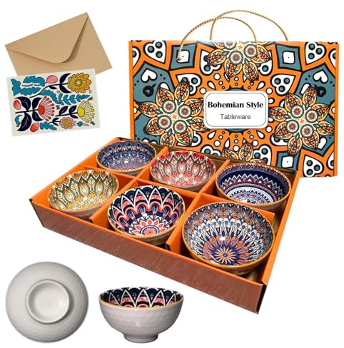 Set of 6 Ceramic Serving Bowls, Gift-Ready with Greeting Card, 10 oz/4.6in | Microwave, Oven, Dishwasher Safe, Diamond-textured Non-slip Grip, Stackable, Small Bowls for Dessert Cereal Snacks Nibble
