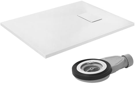 LuxeBath Duschwanne 90x70 cm Weiß mit Ablaufgarnitur, Extra flache und robuste SMC Duschtasse, Rechteckige Brausewanne H:30 mm, Design Brausetasse Anti-Rutsch-Oberfläche in Schieferoptik mit Siphon