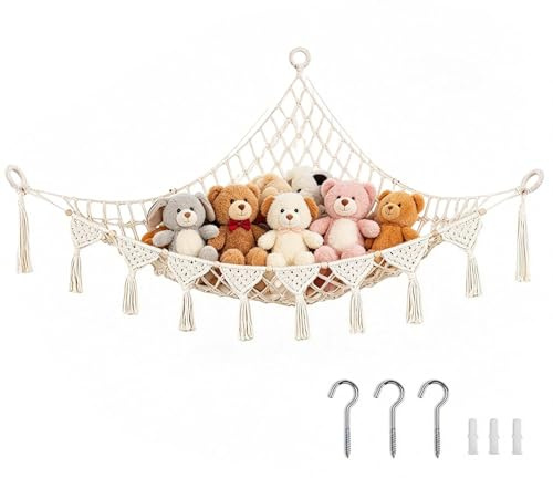 Solvio Toy Hammock for Stuffed Animals, Boho Macrame Soft Toy Storage Net, Hammock Holder for Kids Room, Nursery and Bedroom Decorations