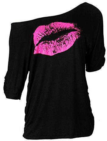 Smile Fish Damen-T-Shirt, schulterfrei, langärmelig, mit aufgedrucktem sexy Lippenmotiv Gr. Large, Schwarz-Rose