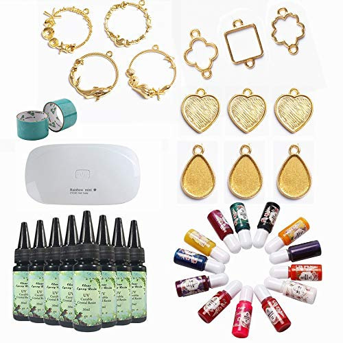 Kristallklares UV-Epoxidharz mit tragbarer UV-Lampe + Set mit goldenen Einfassungen und flüssigen Farbstoffen, Harzschmuck-Set für Anhänger, Halsketten, Charms, Geburtstagsgeschenk zum Valentinstag