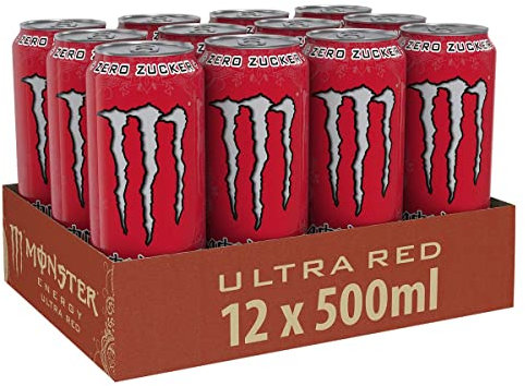 Monster Energy Ultra Red - koffeinhaltiger Energy Drink mit Geschmack aus roten Früchten - ohne Zucker und ohne Kalorien - in praktischen Einweg Dosen (12 x 500 ml)