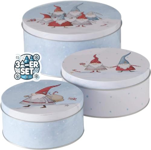 CasaJame 3er Set Metall Keksdose Plätzchendose rund hellblau weiß mit Weihnachtswichteln Sortiert H6-9cm