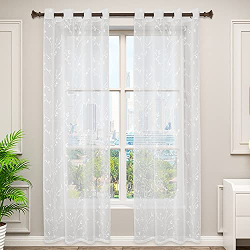 WOLTU 2er Set Gardinen transparent Blumen Stickerei mit Ösen Leinen Optik, Doppelpack Ösenschal Vorhang Voile Fensterschal Dekoschal für Wohnzimmer Schlafzimmer, 140x225 cm, Weiß