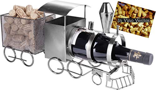 BRUBAKER Weinflaschenhalter Lokomotive - Metall Skulptur Flaschenständer - 42 cm Metallfigur Wein Geschenk für Lokführer und Eisenbahn Fans - mit Grußkarte