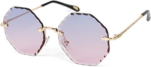 styleBREAKER Lunettes de soleil rondes pour dames sans monture avec verres teintés taille diamant, branches en relief, verres polygonaux 09020118, couleur:Monture or/verre bleu-rose dégradé