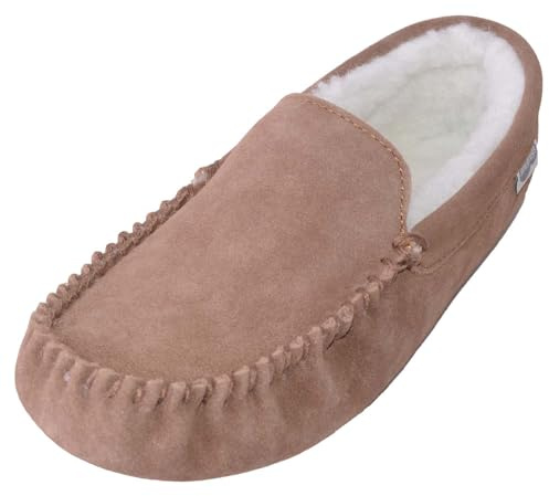 SNUGRUGS Ronnie Herren Mokassin-Slipper aus Wildleder mit Lammwolle und Wildledersohle, grau