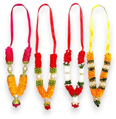 LOVENSPIRE Set mit 4 Stück (10,2 cm) - Mini-Idol Mala, Makhamali Bhagwan Haar, künstliche indische Pooja-Girlande, Diwali-Puja-Artikel, Krishna-Dekor, rote Blumengirlanden