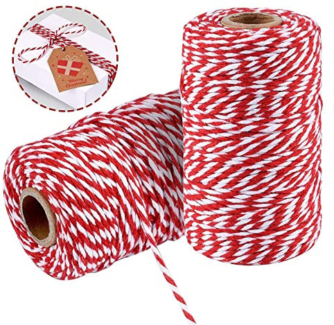 Spago Rosso e Bianco, 100/328 Piedi di Spago da Panettiere in Cotone, Spago di Natale, Spago di imballaggio per Fai da Te e Confezione Regalo, Corda Durevole per Giardinaggio, la