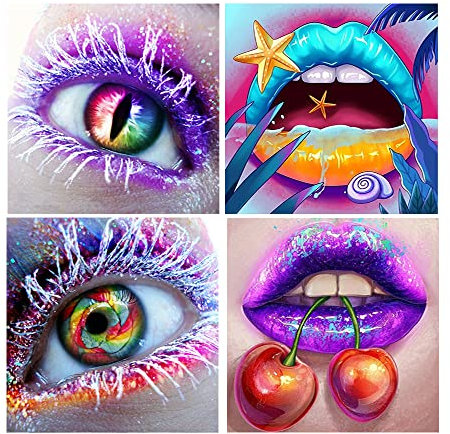 4 Stück 5D DIY Diamond Painting Set 30x30 cm Diamant Painting Bilder Malen nach Zahlen Auge und Mund Stickerei Gemälde für Kinder Mädchen Erwachsene Diamond Painting Starterset Home Wand Decor