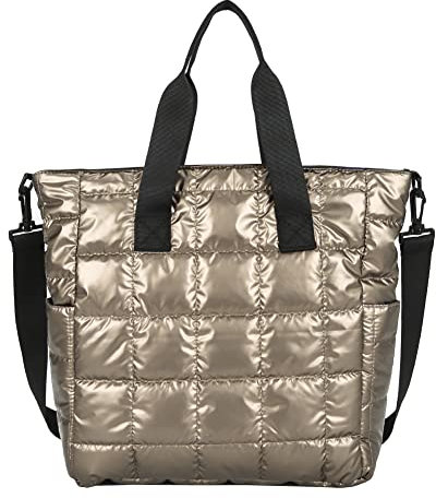 liuduo Damen-Schultertasche, Nylon, gepolstert, gesteppt, mit Reißverschluss, große Kapazität, gold