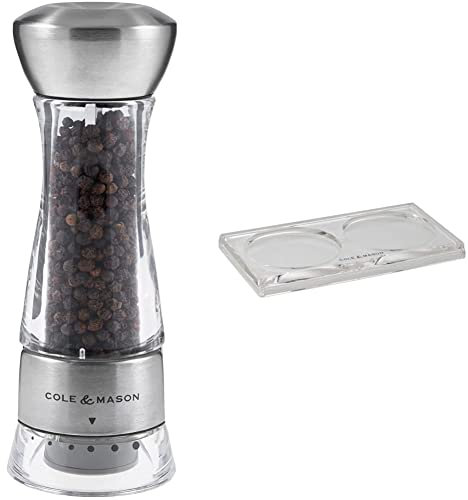Cole & Mason H59301G Windermere Pepper Mill | Gourmet Precision+ | Stainless Steel/Acrylic | 165mm| Includes 1 x Pepper Grinder & H306119 Ramsgate Clear Salt and Pepper Mill Tray | 13mm x 95mm x 157mm