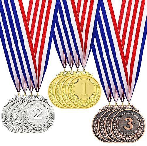 Midyrrg 12 Pcs Medals for Children 2 inch Metal Medals Gold Silver Bronze Winner Medals for Kids Adults Medal with Ribbon 1st 2nd 3rd Place Kids Toy Medals for Football Sports Day Medals Prizes