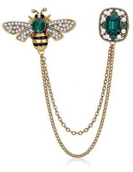 Bee Crystal Rhinestone Tassel Chain Brooch Collar Pin for Wedding Tie, Hat, and Scarf - Vintage Emerald Badge - Jewelry for Men and Women