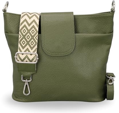 BRISE Umhängetasche Damen Echtes Leder ELLIE Handgemachte Crossbody Bag mit Ledergurt + Optionalen Breiten Gemusterten Riemen 6 Fächer Wasserdichte Schultertasche Made in Italy (Khaki - 2)