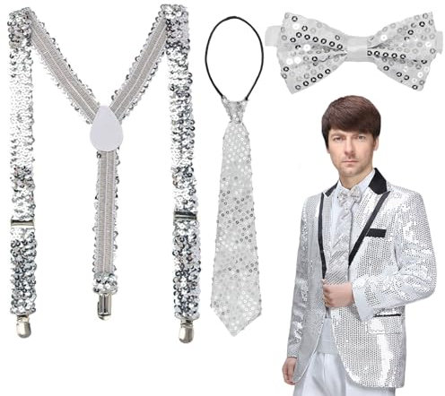 XNIVUIS Herren Pailletten-Hosenträger-Set Y Clip Hosenträger mit Pailletten mit Schleife, Hosenträge, Kostüm Accessories für Karneval Mottoparty JGA Herren Damen Kostüm Zubehör (Silber)