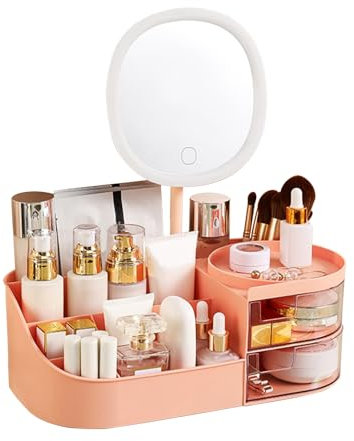 DASITON Organizer Trucchi con Specchio,Porta Trucchi Organizer con 2 Cassetti,Make Up Organizer Bagno per Cosmetici,Organizer Cosmetici Portatrucchi Organizzatore per Bagno,Camera da Letto(Rosa)