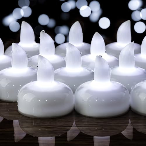 Yakpo Lot de 24 Bougies Chauffe-Plat Flottantes à LED Blanc Froid, Étanches, à Piles, pour l'Extérieur, avec Effet Vacillant, Idéales pour la Décoration de Mariage, Vases, Bassins, Baignoires et Spas