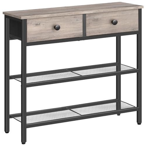 HOOBRO Mesa de Entrada de 75 cm de Largo, Mesa de Sofá de Estilo Industrial con Dos Cajones de Tejido no Textil, Consola con 3 Estantes, Dormitorio, Vestíbulo, Gris Envejecido y Negro EBG72XG01