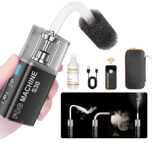 LYNCA Tragbare Nebelmaschine mit 60 ml Flüssigkeit, 30 W, kabellose Fernbedienung, Akku, Nebelmaschine für Fotografie, Videografie, Hochzeit, Party, Halloween, Weihnachten, S30 Schwarz