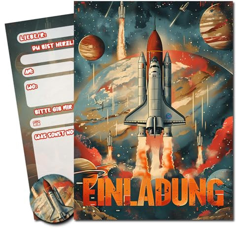 Vielucks® 15 x Filmgenre Einladungskarten - DIN A6 - Original - mit Aufkleber,Einladungskarten Kindergeburtstag Mädchen Junge,Geburtstagseinladungen,Party deko,Einladung Einschulung (Rakete)