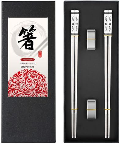 2 Pairs Metal Chopsticks - Stainless Steel, Comes with Two Holders - Reusable & Dishwasher Safe (Gift Packaging)
