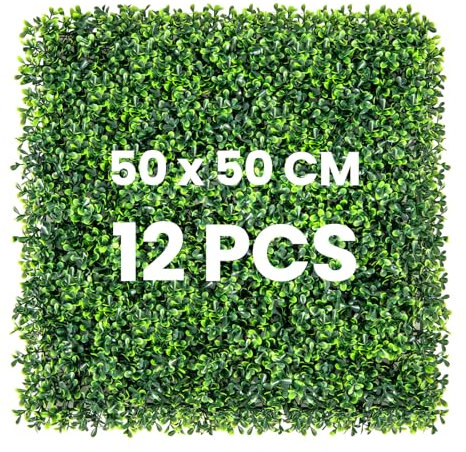 COSTWAY Pianta Finta 50 x 50 cm 12 Pezzi, Pannelli da Parete in Erba Artificiale, Pannelli in PE, Recinzione di Privacy da Interno ed Esterno per Giardino, Cortile e Salotto