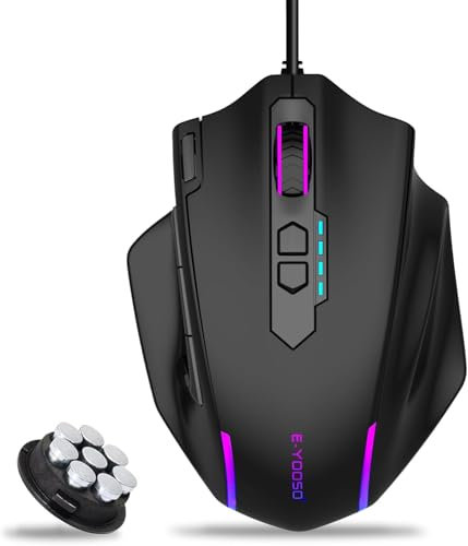 E-Yooso Grande Souris de Gaming Filaire, Souris Gamer XL avec Bouton de tir Rapide, 5 Boutons latéraux, 12 400 DPI, 5 Modes d’éclairage, 11 Touches Macro programmables, Poids réglables