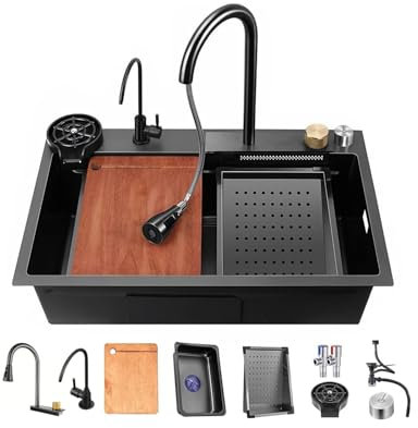 NJDQFA Acero Inoxidable Encimera Cocina con Accesorios,Fregadero Cocina Multifuncional,Bajo Encimera O sobre Encimera Fregaderos De Un Seno,68 * 45cm/26.8 * 17.7in