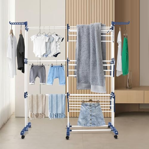 Séchoir à Linge Tour Peu encombrant avec 6 Ailes Pliables sur 3 Niveaux, étendoir à Linge Extensible, Table de Lavage Pliable pour l'intérieur et de Grandes familles75-142,5*64*170cm (bleu+blanc)