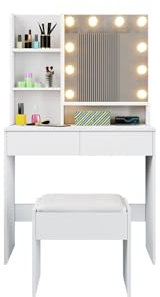 Komtopod Schminktisch mit LED-Beleuchtung, Frisiertisch mit Verstellbarem Spiegel, Kosmetiktisch mit 2 Schubladen und Offenen Regalen, Moderne Holzkommode für das Schlafzimmer, 80x40x138cm, Weiß