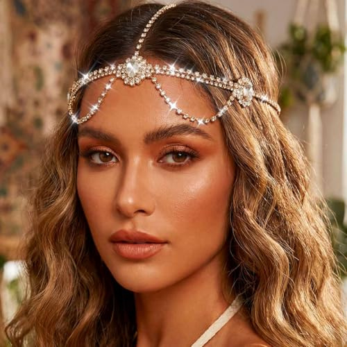 Aukmla Rhinestone Head Chain Crystal Headpiece Prom Headband Hair Accessories for Women (Gold, One Size)