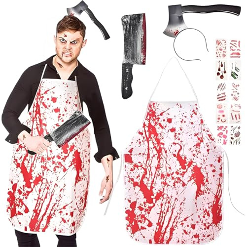 GXGM Deguisement Halloween Homme Femme - Boucher Costume Halloween Déguisement Adulte Horreur, Couteau Halloween, Serre Tete de Couteau, Gants et 10 Tatouages Autocollants