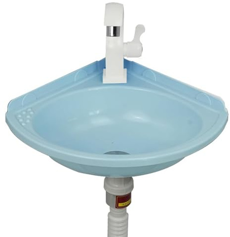 Lavabo para montaje en pared, esquina de plástico, ahorra espacio, color azul, fregadero con desagüe, 1 lavabo de esquina pequeña, lavabo para autocaravana, baño, inodoro