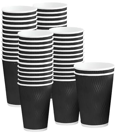 1ABOVE 12 oz Ripple Insulated Paper Cups – 3-Ply Disposable Hot Drink Cups for Coffee, Tea, Cappuccino, and Other Hot Beverages (50, Black)