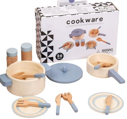 Holzteller, Küchenzubehör für Spiele, Küchenutensilien, Zubehör-Set | Töpfe und Pfannen aus Holz für Kinder, Zubehör für Miniaturküchen, 10 Stück
